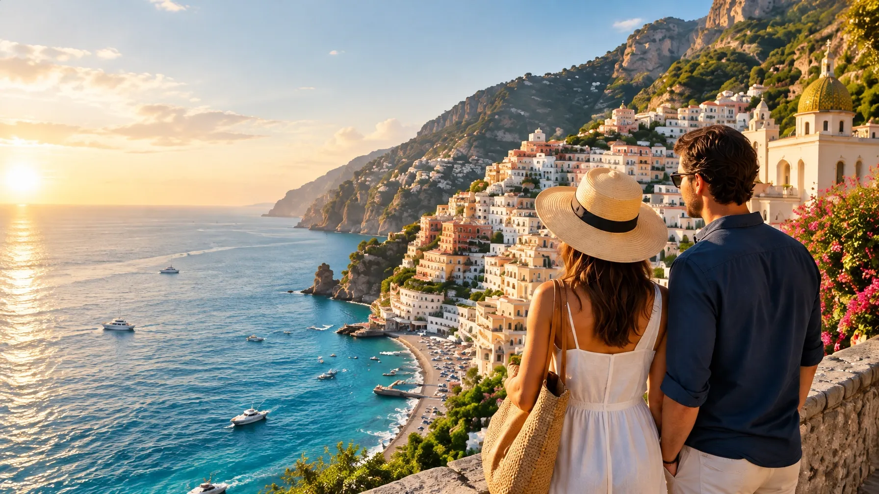 A couple taking in a sunlit Mediterranean coastal village