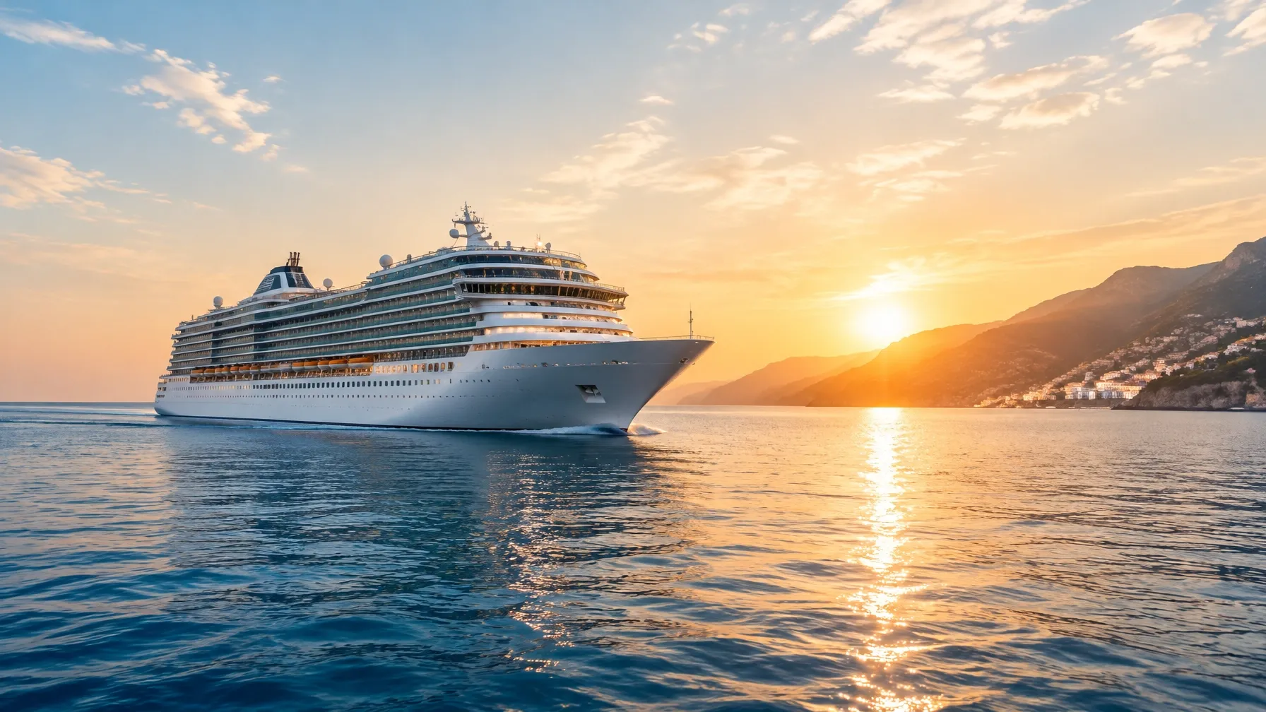 Cruise ship sailing on calm water at sunset