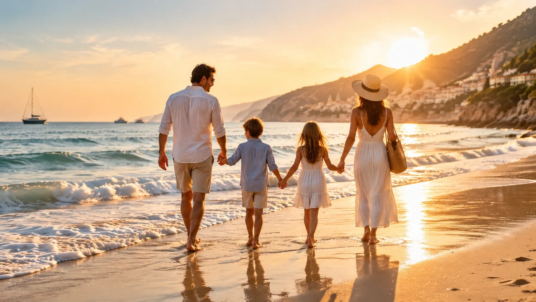 Family walking together along a beach at golden hour