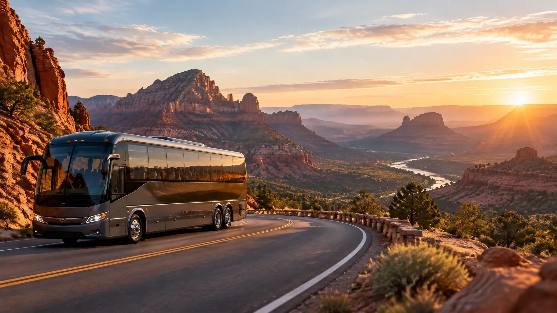 A motorcoach traveling through a scenic desert landscape